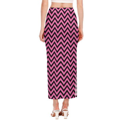 Black And Pink Chevron Pattern Print Side Slit Maxi Skirt