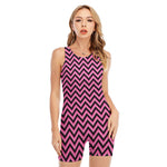 Black And Pink Chevron Pattern Print Sleeveless One Piece Swimsuit