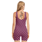 Black And Pink Chevron Pattern Print Sleeveless One Piece Swimsuit
