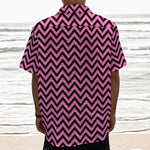 Black And Pink Chevron Pattern Print Textured Short Sleeve Shirt