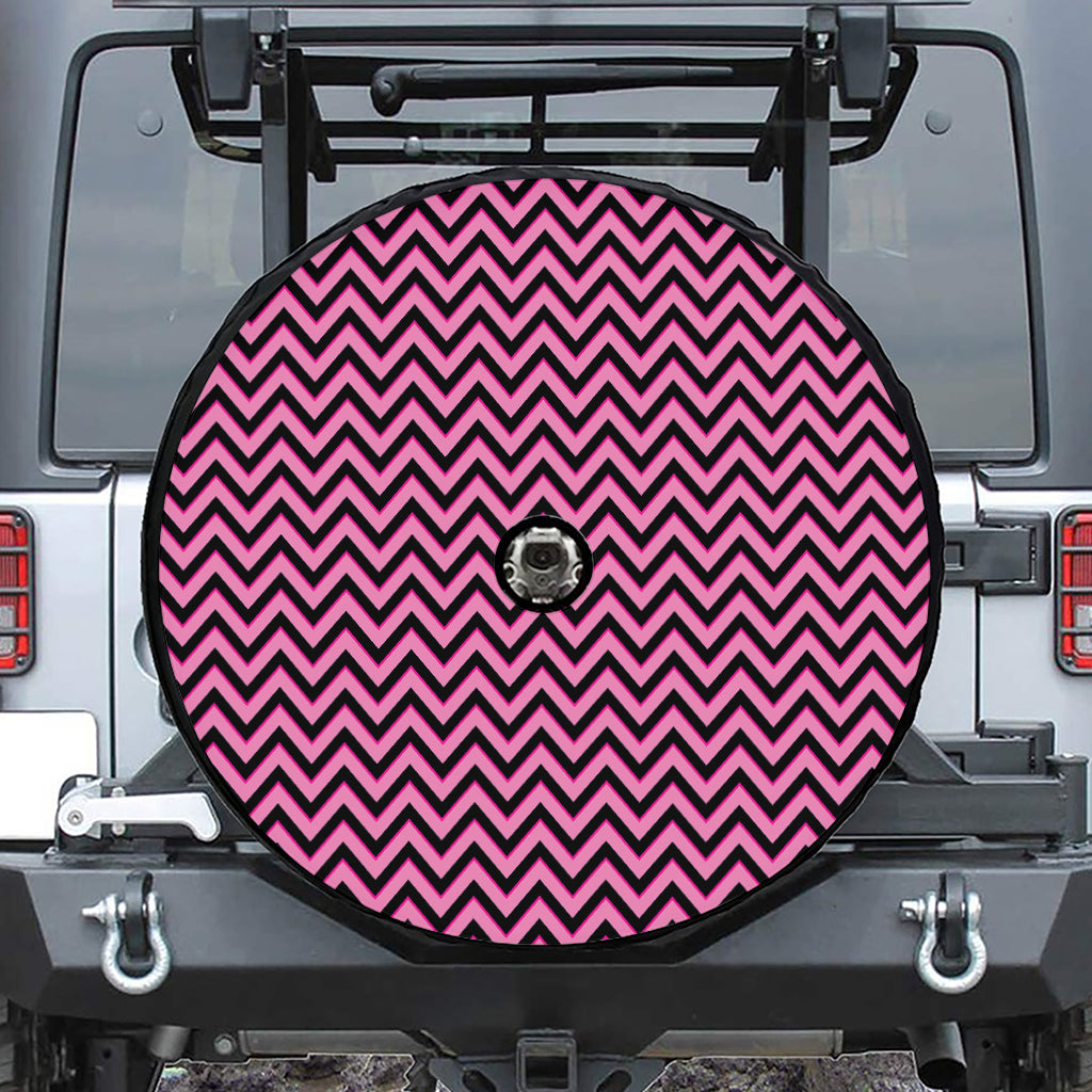 Black And Pink Chevron Pattern Print Tire Cover With Camera Hole