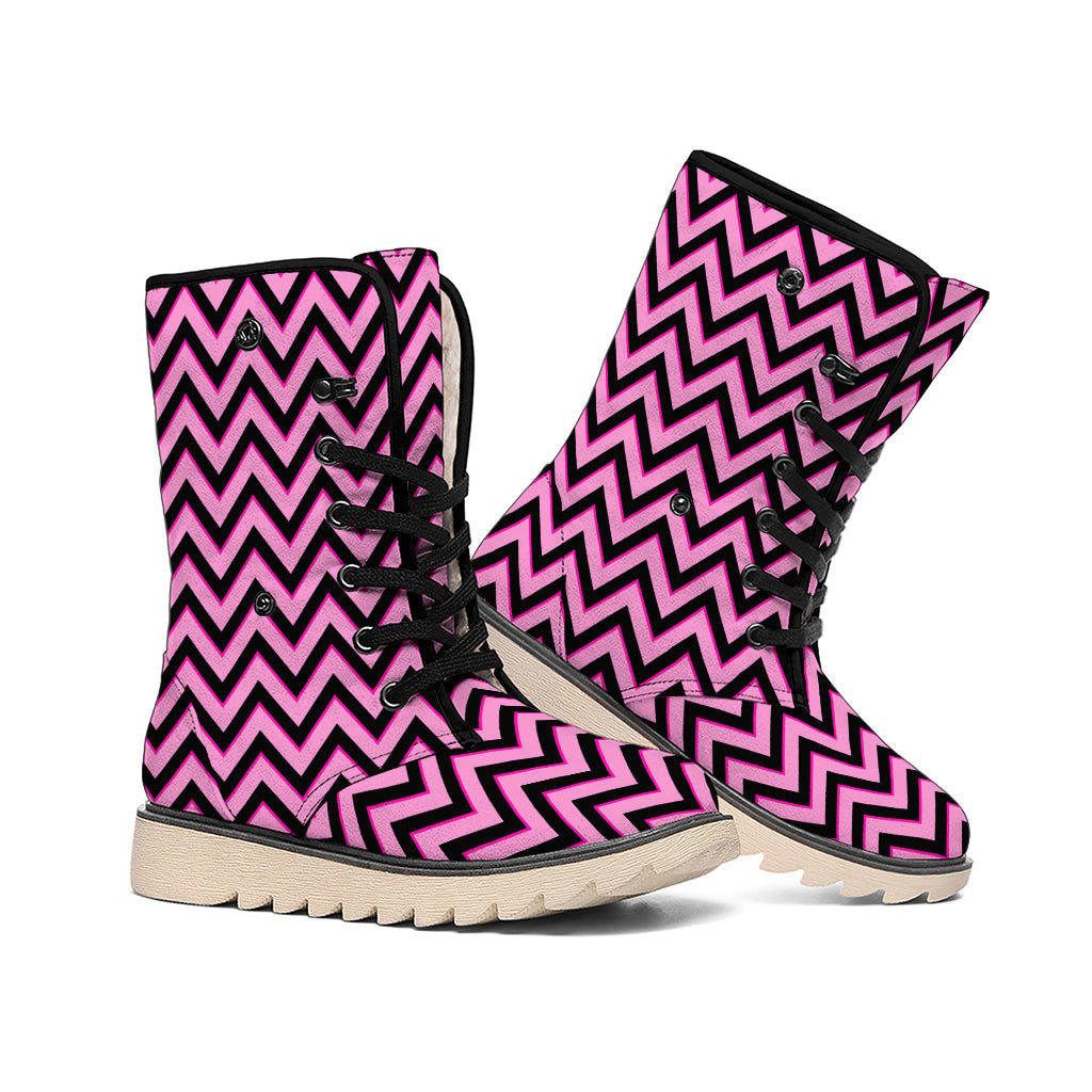 Black And Pink Chevron Pattern Print Winter Boots