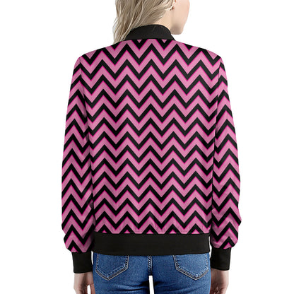 Black And Pink Chevron Pattern Print Women's Bomber Jacket