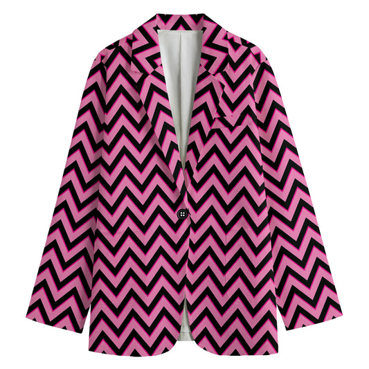 Black And Pink Chevron Pattern Print Women's Cotton Blazer