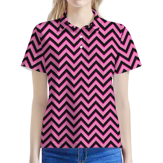 Black And Pink Chevron Pattern Print Women's Polo Shirt