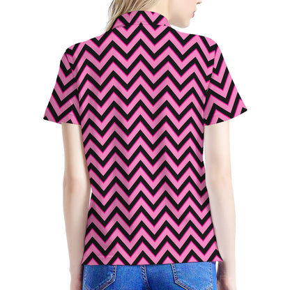Black And Pink Chevron Pattern Print Women's Polo Shirt