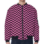 Black And Pink Chevron Pattern Print Zip Sleeve Bomber Jacket