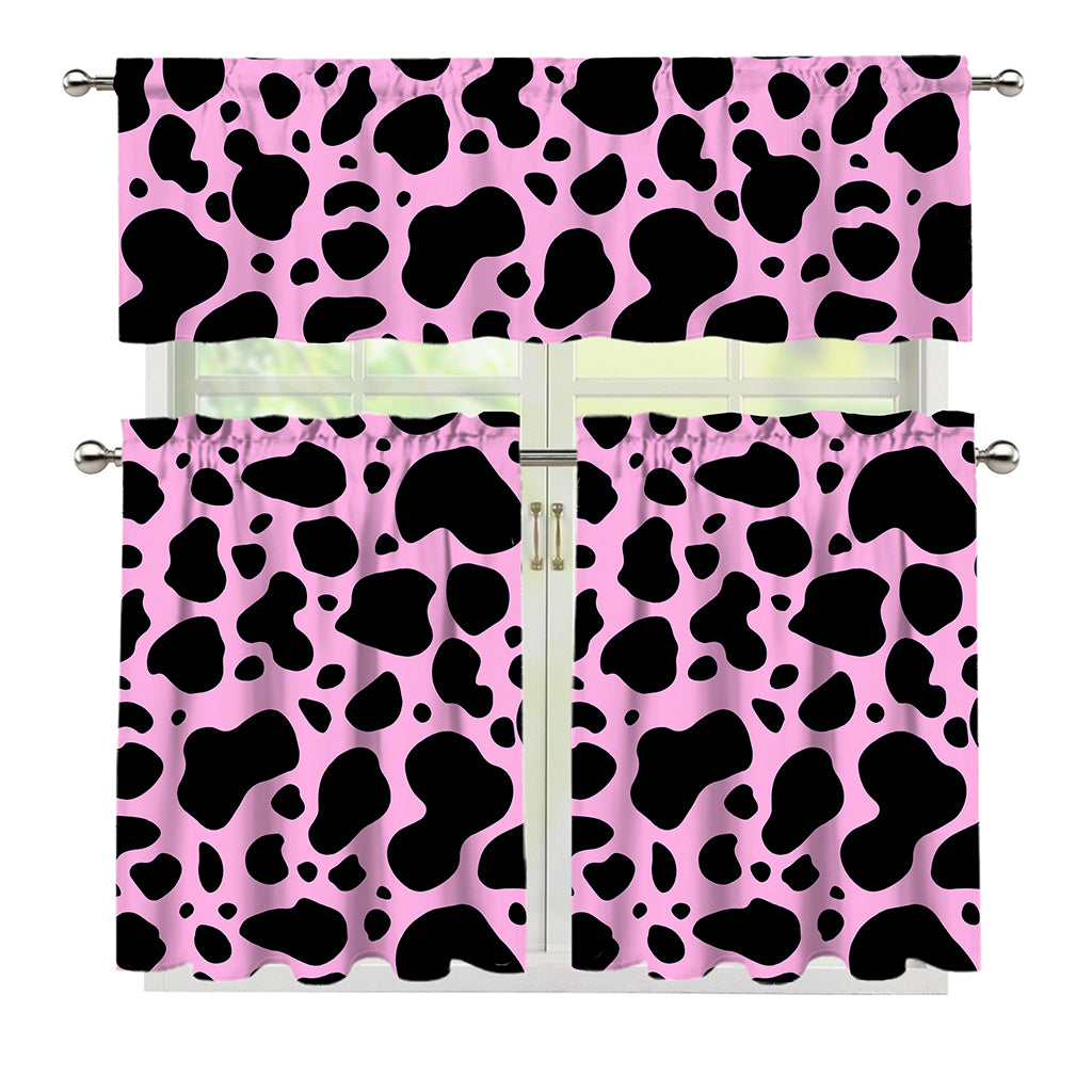 Black And Pink Cow Print 3 Piece Kitchen Curtains