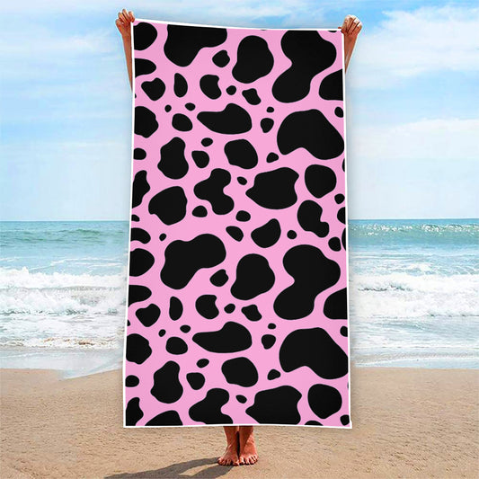 Black And Pink Cow Print Beach Towel