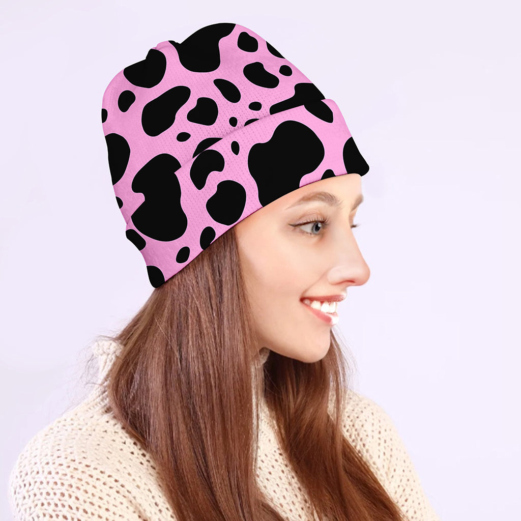 Black And Pink Cow Print Beanie