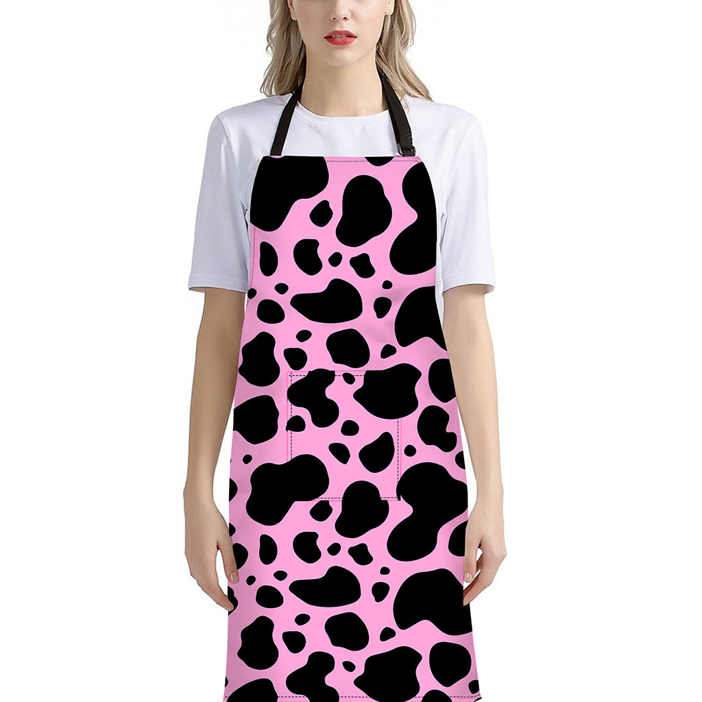 Black And Pink Cow Print Bib Apron With Pocket