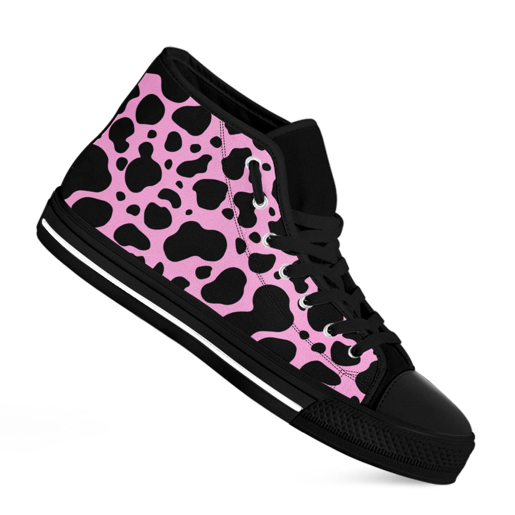 Black And Pink Cow Print Black High Top Sneakers