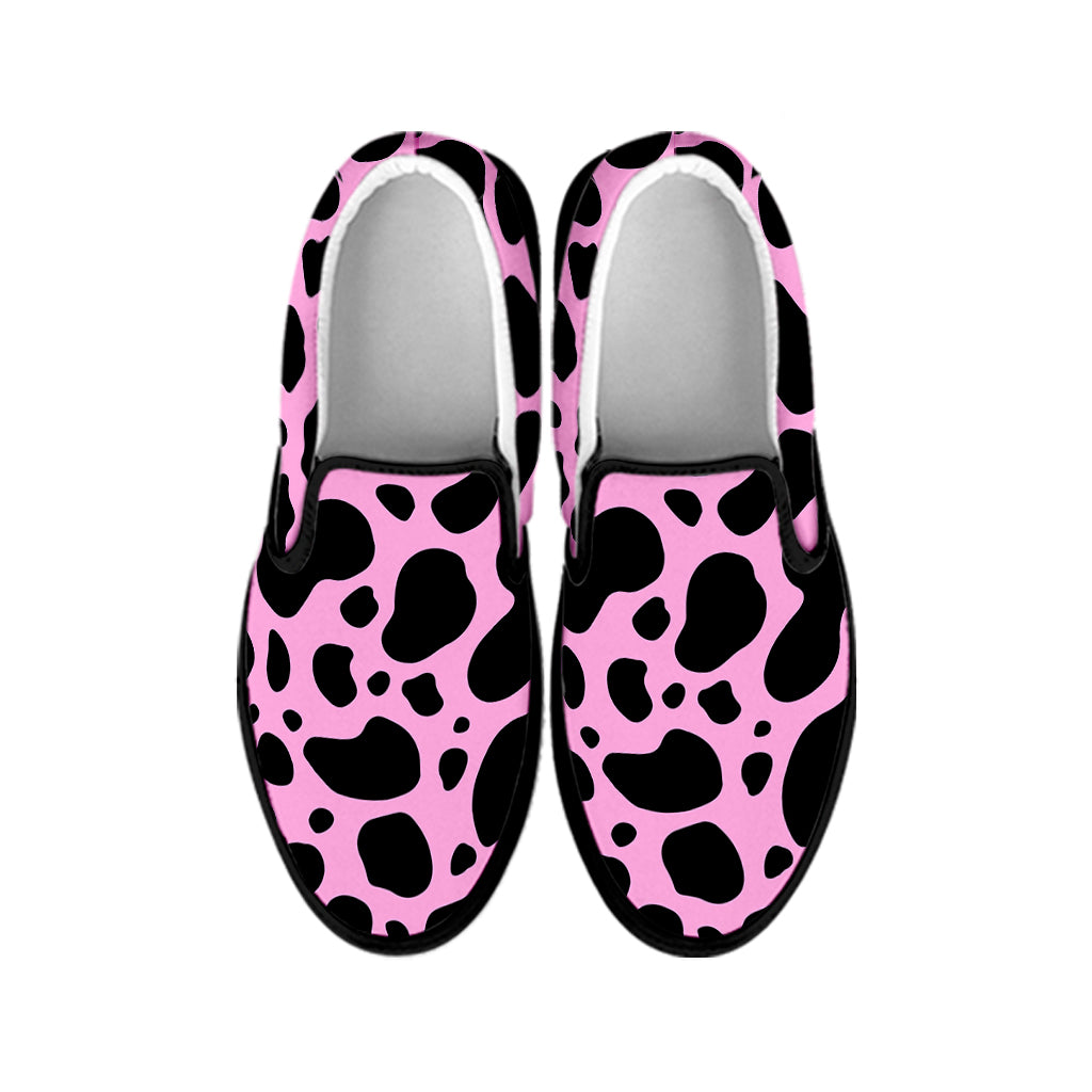 Black And Pink Cow Print Black Slip On Sneakers