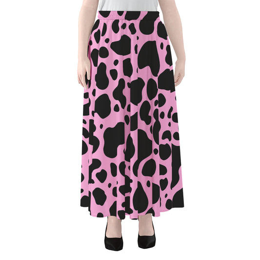 Black And Pink Cow Print Chiffon Maxi Skirt