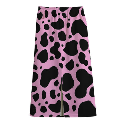 Black And Pink Cow Print Cotton Front Slit Maxi Skirt