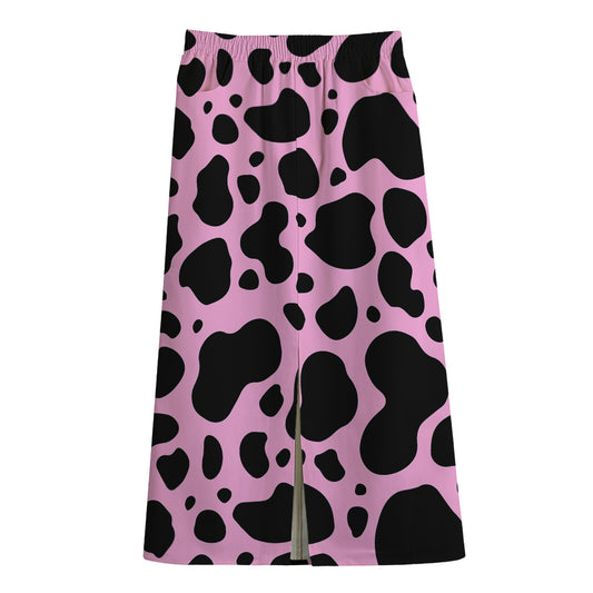 Black And Pink Cow Print Cotton Front Slit Maxi Skirt