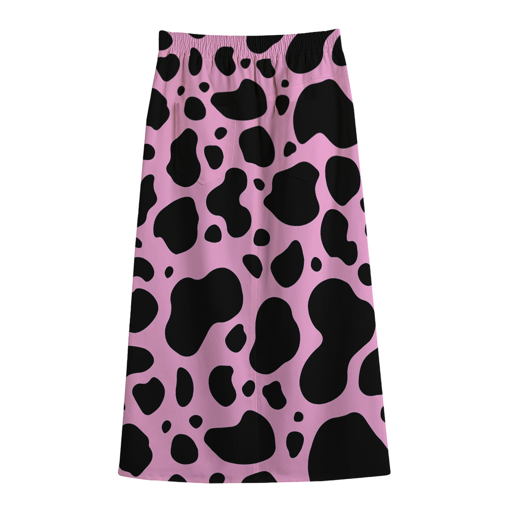 Black And Pink Cow Print Cotton Front Slit Maxi Skirt