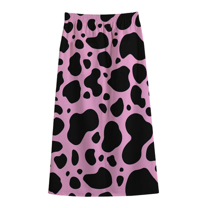 Black And Pink Cow Print Cotton Front Slit Maxi Skirt