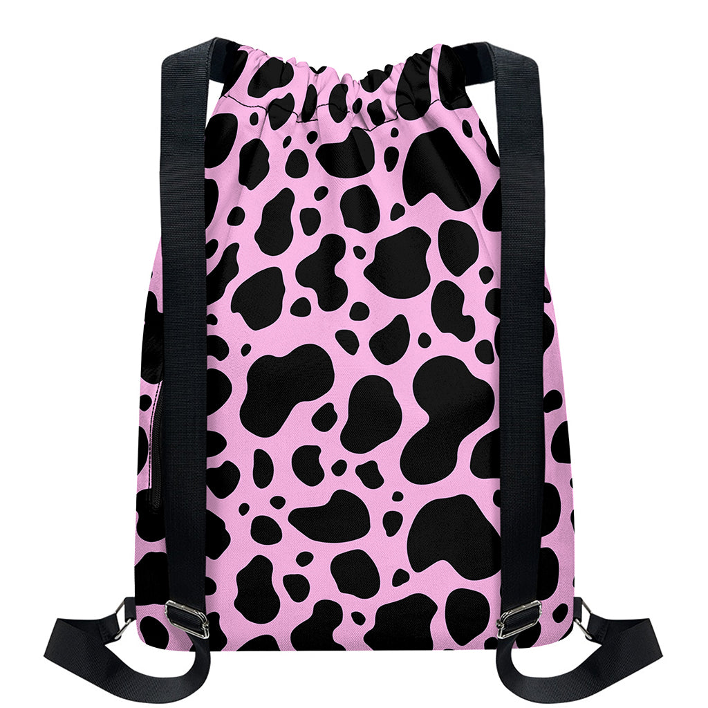 Black And Pink Cow Print Drawstring Backpack