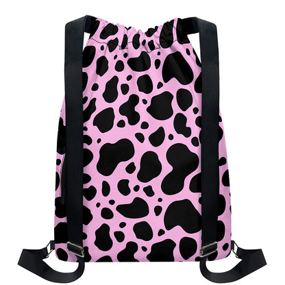 Black And Pink Cow Print Drawstring Backpack