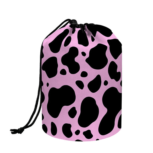 Black And Pink Cow Print Drawstring Makeup Bag