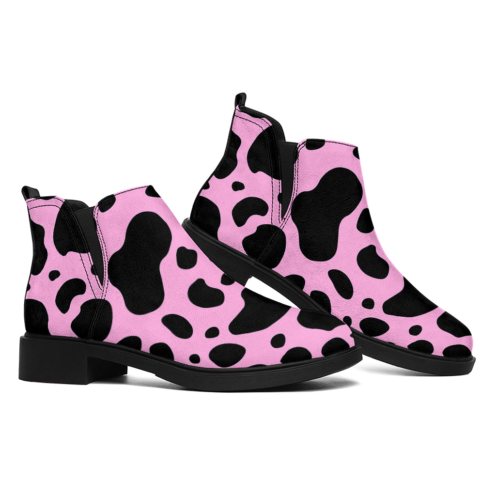 Black And Pink Cow Print Flat Ankle Boots