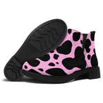 Black And Pink Cow Print Flat Ankle Boots