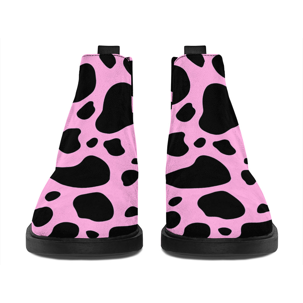 Black And Pink Cow Print Flat Ankle Boots