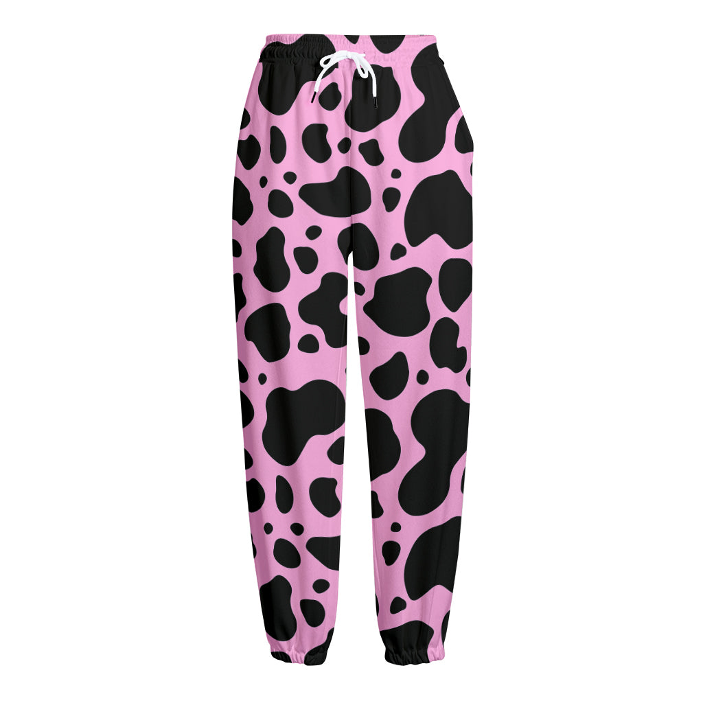 Black And Pink Cow Print Fleece Lined Knit Pants