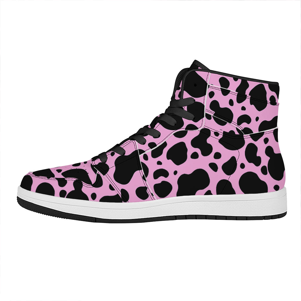 Black And Pink Cow Print High Top Leather Sneakers
