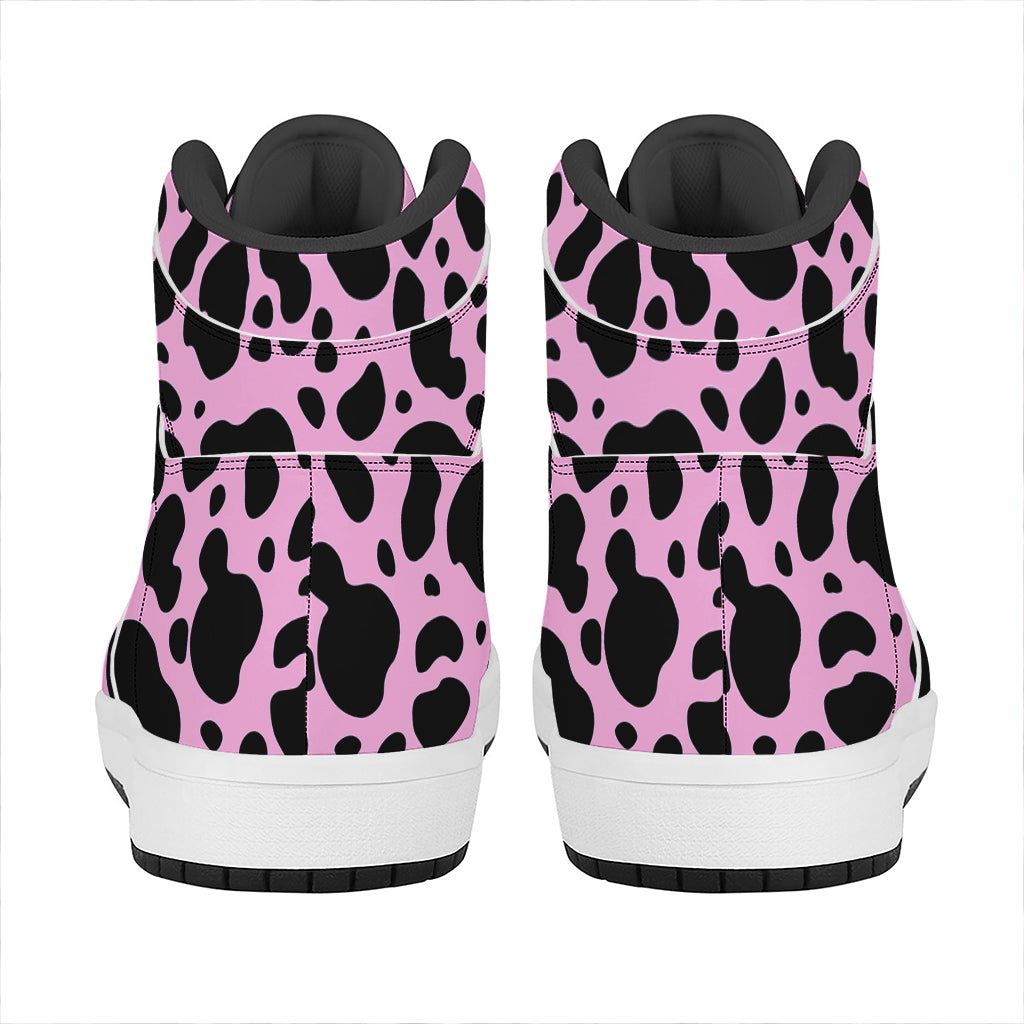 Black And Pink Cow Print High Top Leather Sneakers