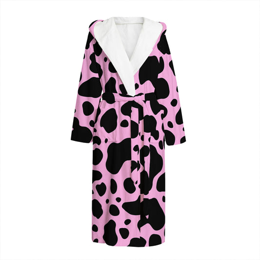 Black And Pink Cow Print Hooded Bathrobe