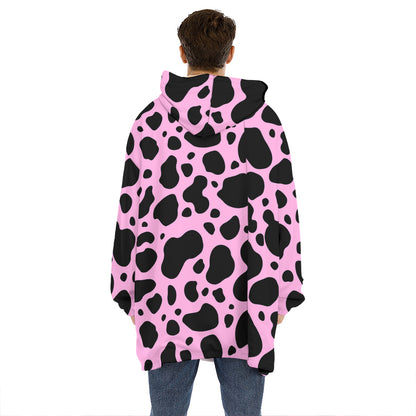Black And Pink Cow Print Hoodie Blanket