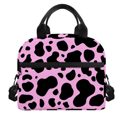 Black And Pink Cow Print Insulated Lunch Bag