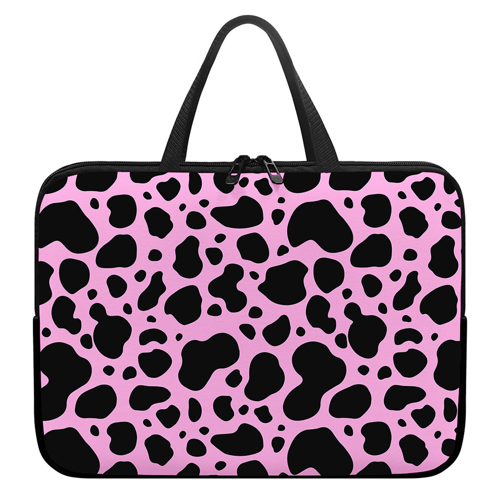 Black And Pink Cow Print Laptop Sleeve With Handle