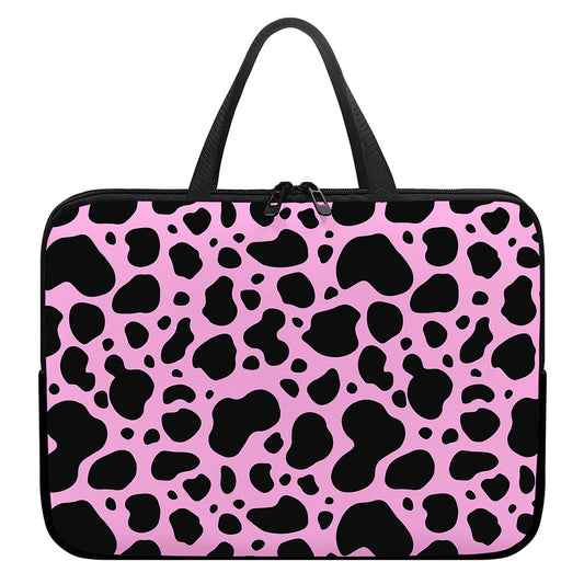 Black And Pink Cow Print Laptop Sleeve With Handle