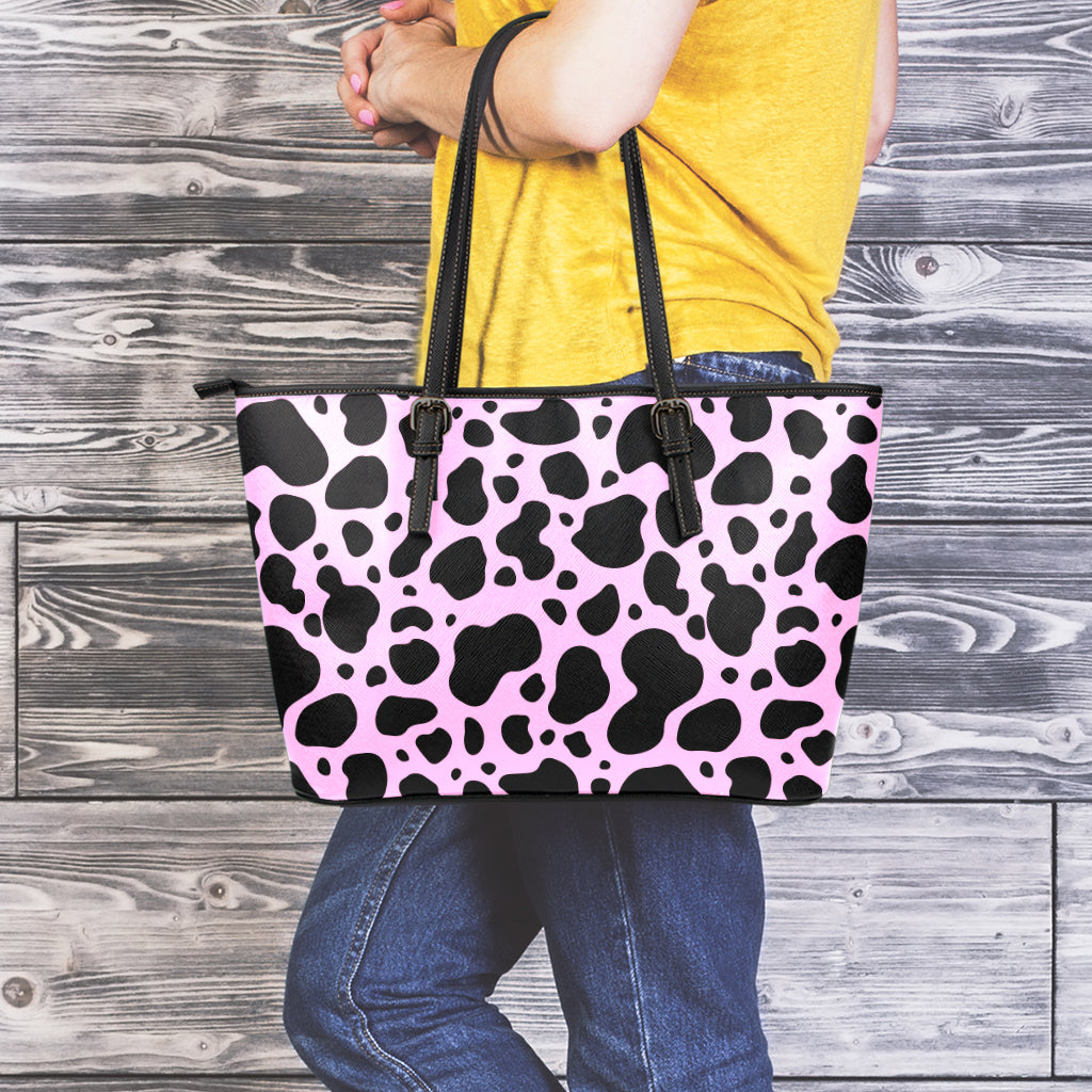 Black And Pink Cow Print Leather Tote Bag