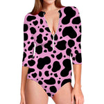 Black And Pink Cow Print Long Sleeve Swimsuit