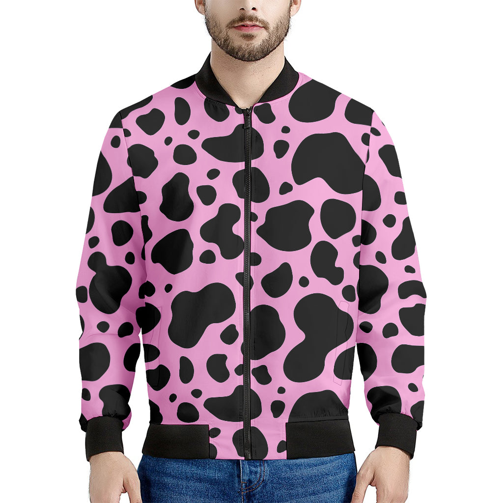 Black And Pink Cow Print Men's Bomber Jacket