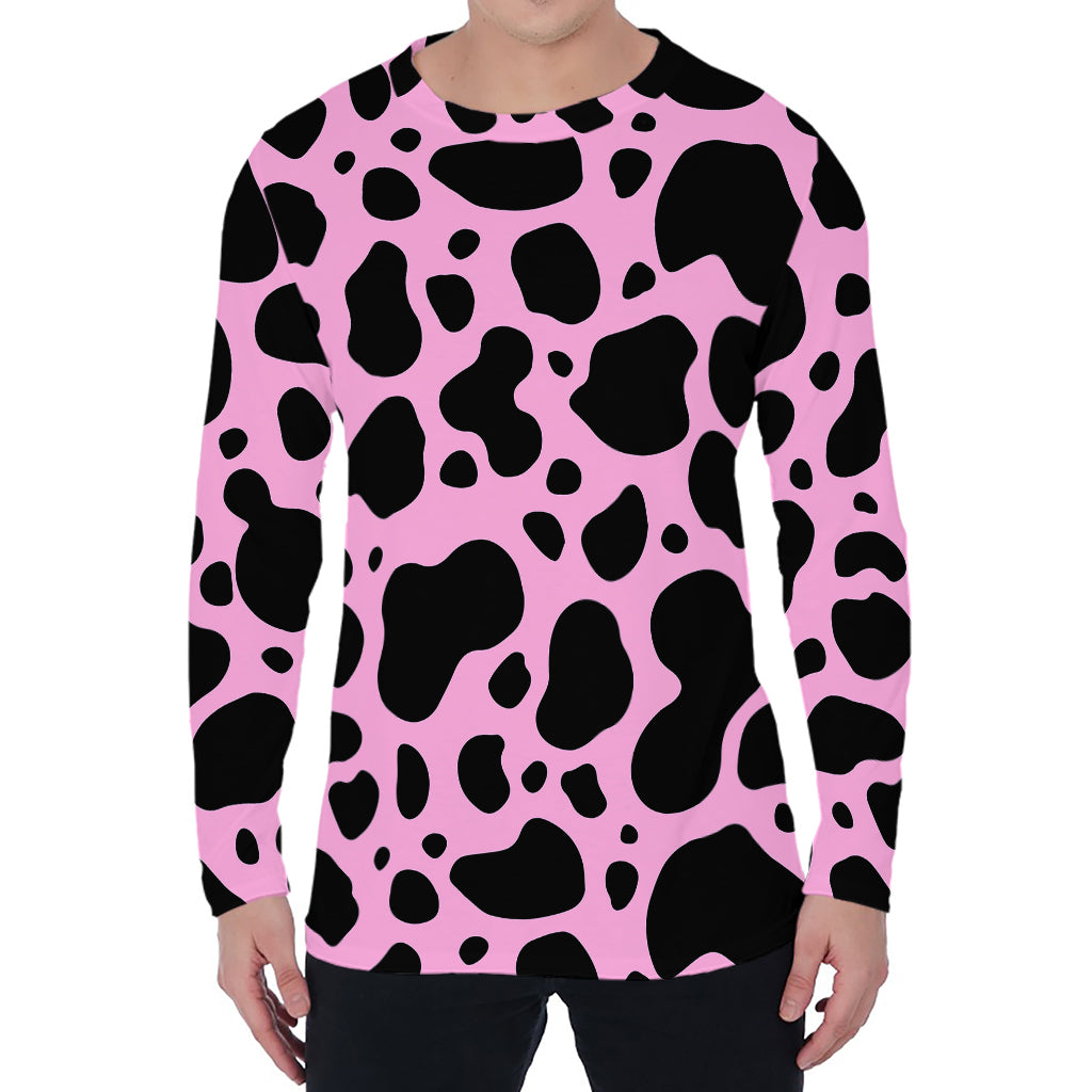 Black And Pink Cow Print Men's Long Sleeve T-Shirt