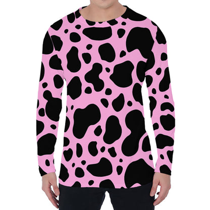 Black And Pink Cow Print Men's Long Sleeve T-Shirt