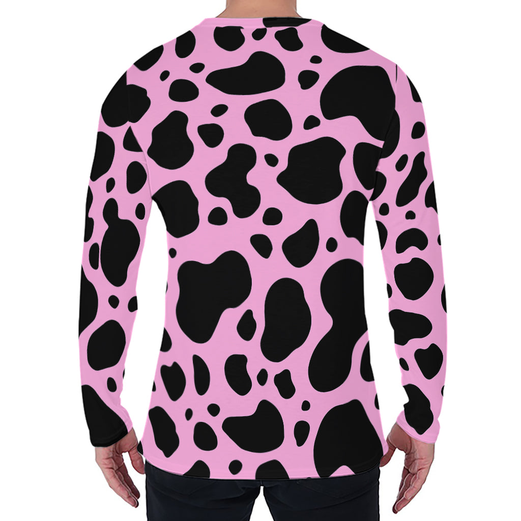 Black And Pink Cow Print Men's Long Sleeve T-Shirt