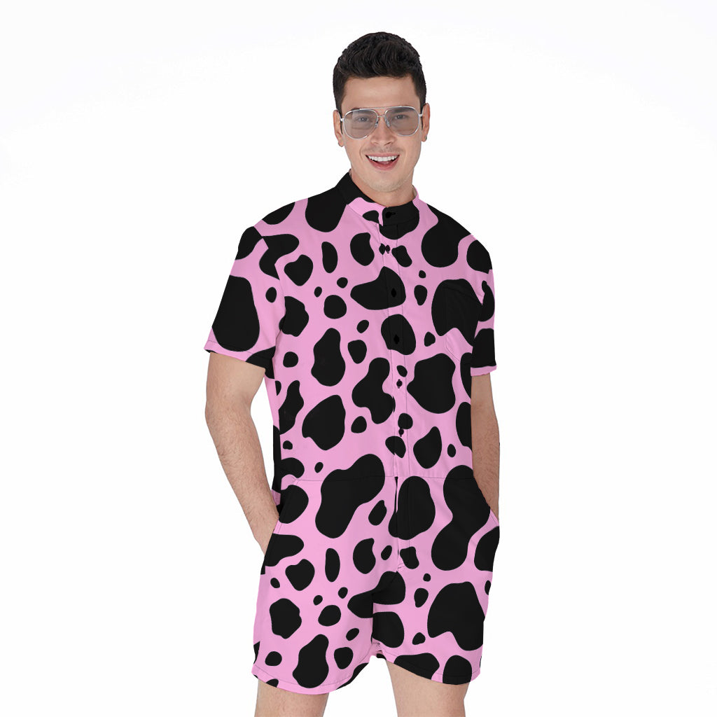 Black And Pink Cow Print Men's Rompers