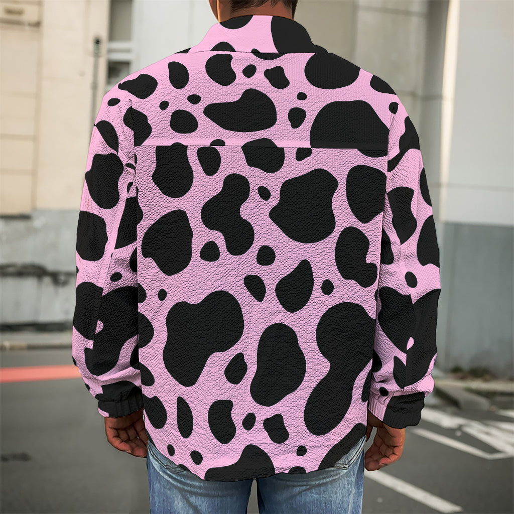 Black And Pink Cow Print Men's Shirt Jacket