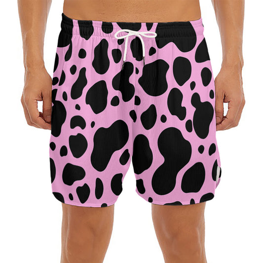 Black And Pink Cow Print Men's Split Running Shorts