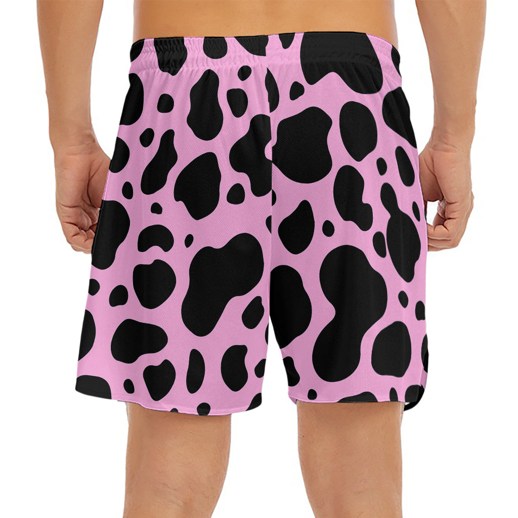 Black And Pink Cow Print Men's Split Running Shorts