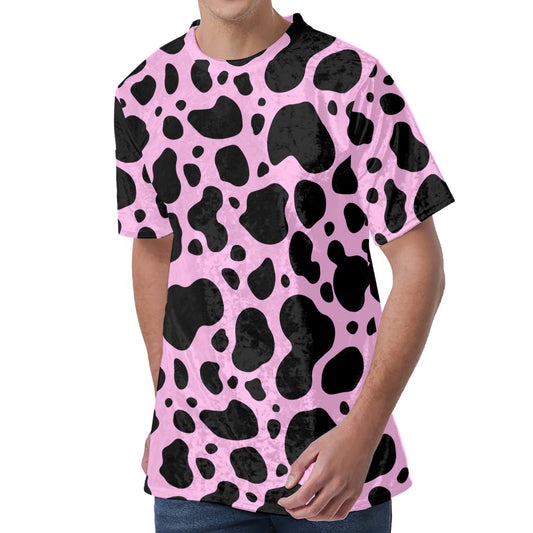 Black And Pink Cow Print Men's Velvet T-Shirt