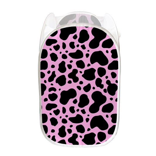 Black And Pink Cow Print Mesh Laundry Hamper