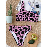 Black And Pink Cow Print One Shoulder Bikini Top