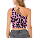 Black And Pink Cow Print One Shoulder Crop Top